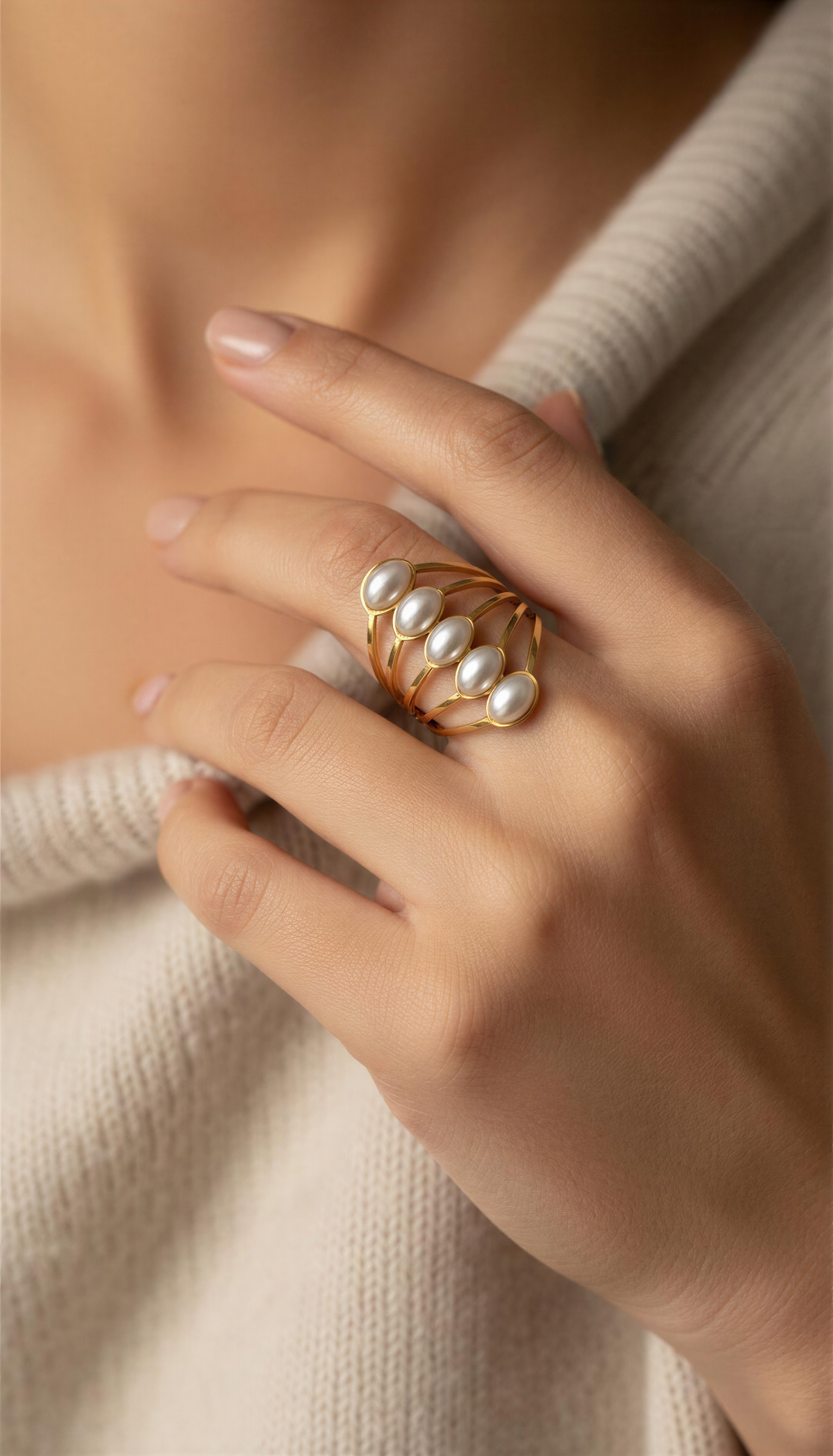 Gold Adjustable Pearl Statement Ring