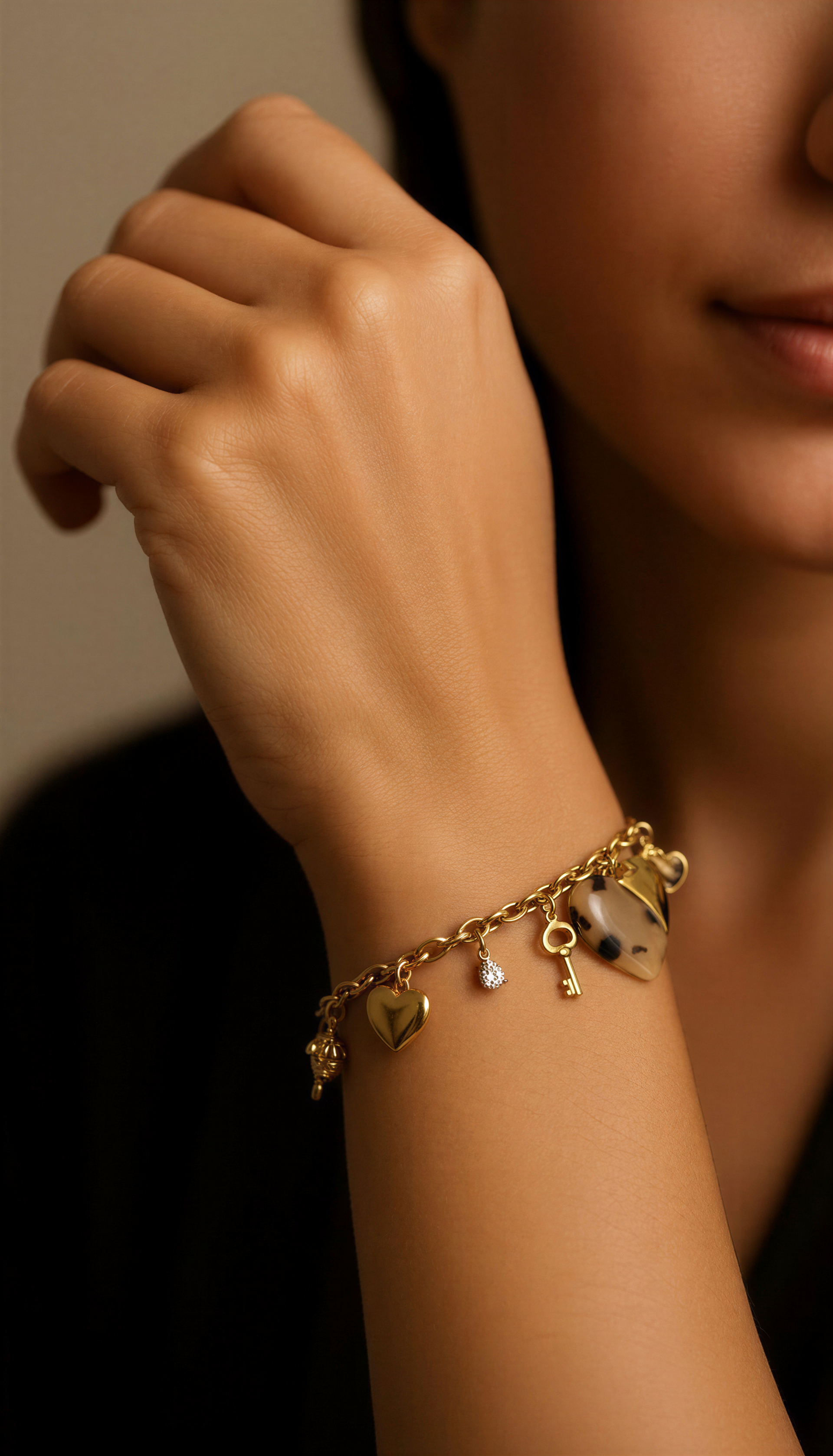 Gold Stainless Steel Charm Bracelet with Heart & Key Pendants