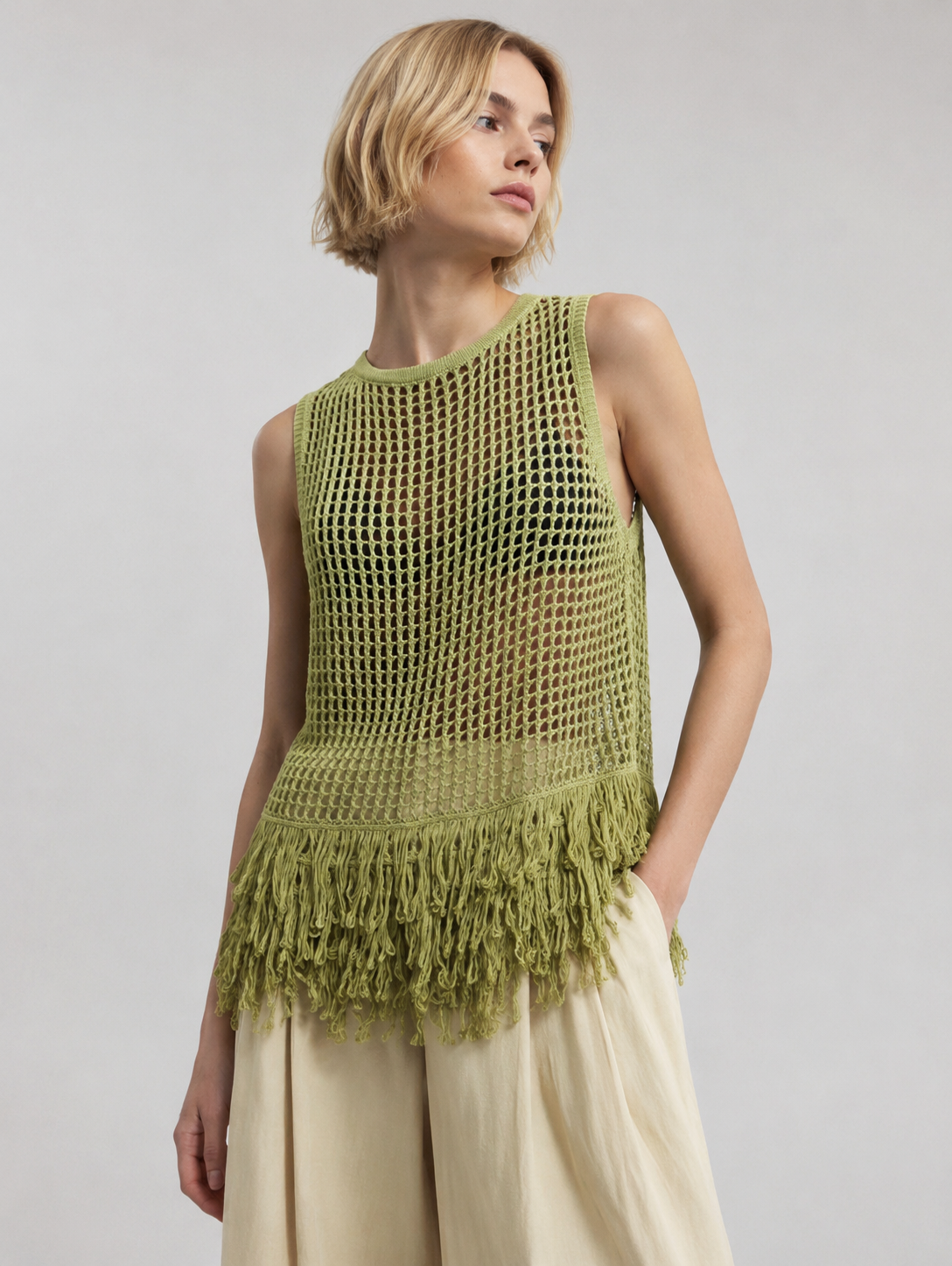 Boho Crochet Fringe Top – Olive Green