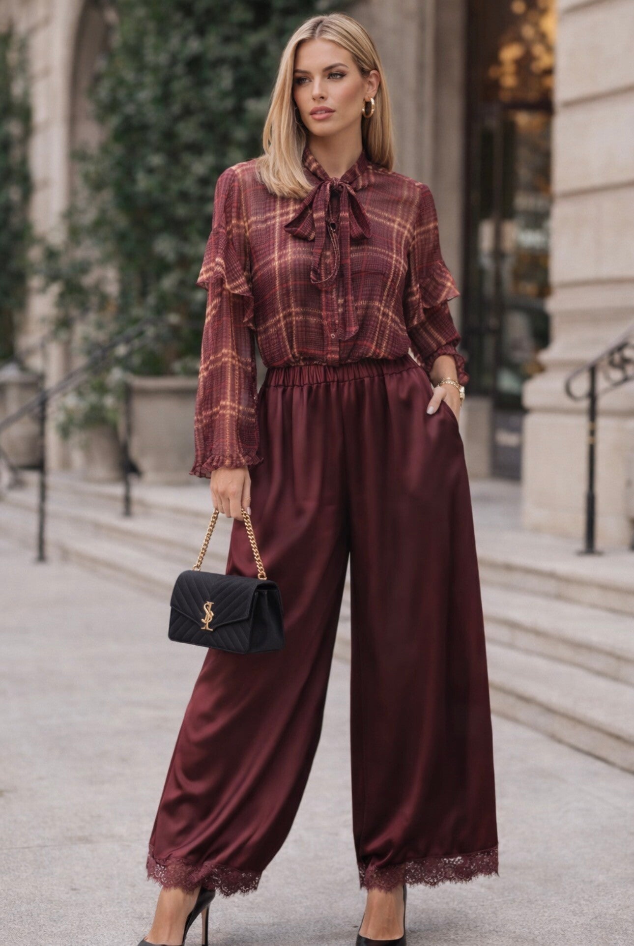 Burgundy Blouse & Satin Pants Set