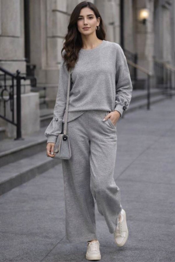 Grey Knit Lounge Set (2-Piece) – Balloon Sleeve Sweater + Wide Leg Pants