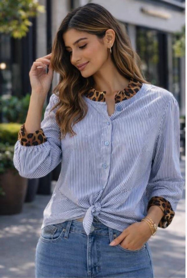 Chic Striped Blouse with Leopard Details