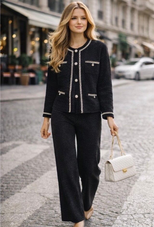 Chic Black Trim Jacket & Wide-Leg Pants Set