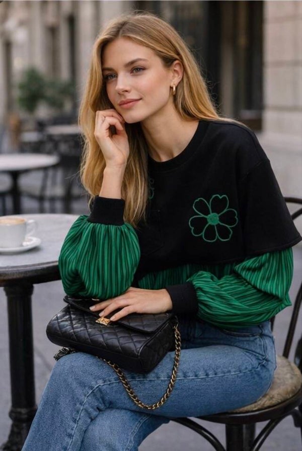 Chic Black & Green Pleated Blouse
