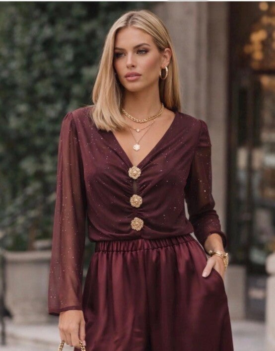 Burgundy Elegant V-Neck Blouse with Decorative Buttons