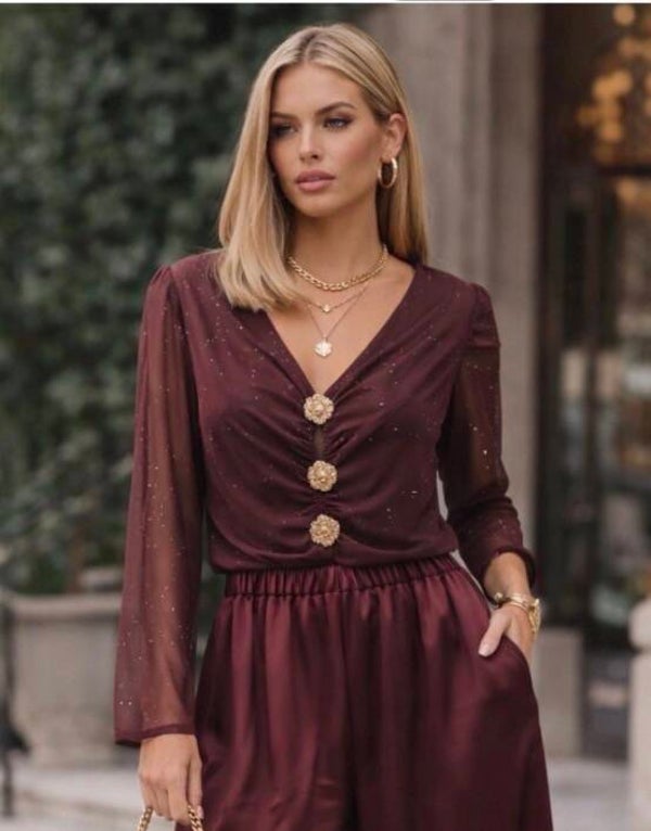 Burgundy Elegant V-Neck Blouse with Decorative Buttons