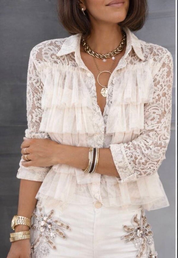 White Lace Ruffle Blouse – Romantic Chic (Size M)