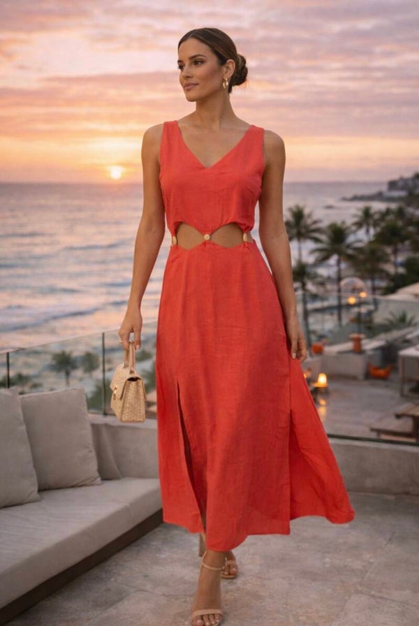 Coral Cut-Out Midi Dress – Elegant Summer Vacation Dress