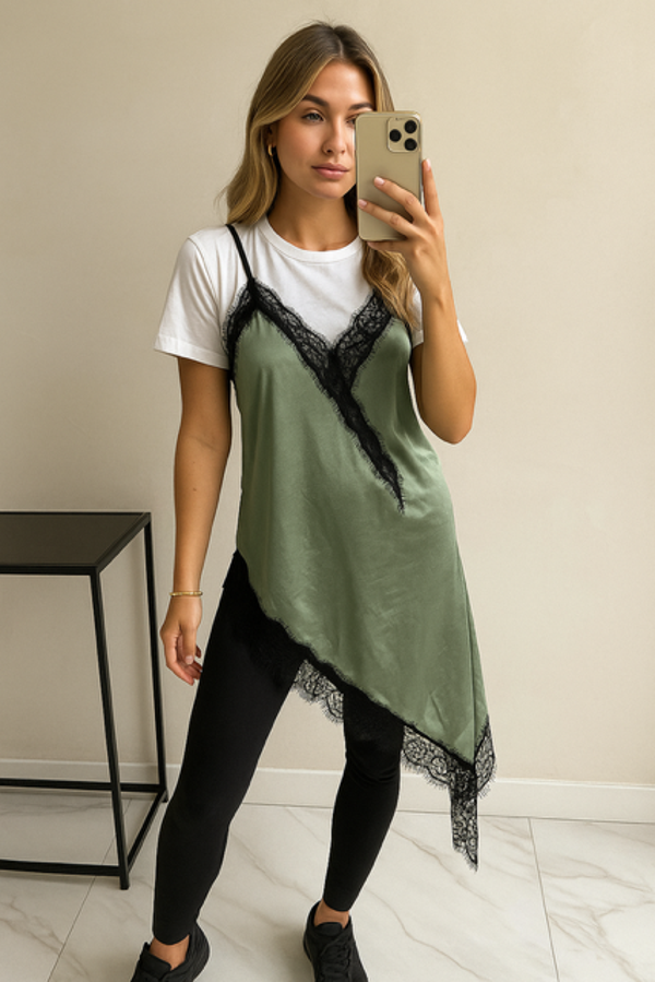 Divine Satin Lace Tunic - Olive Noir