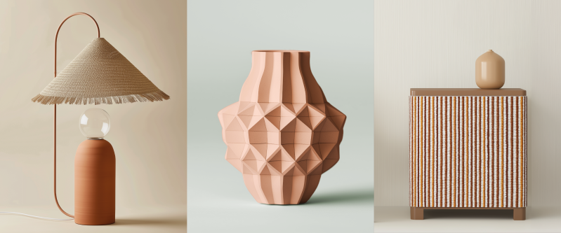 Design explorations by Titia Huisman, showing orange translated into a sculptural lamp, geometric ceramic vase and striped furniture surface for interiors, home decor and product direction.