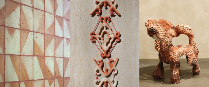 Terra Vestigia mood images with terracotta tiles, clay-like ornamental forms and a textured sculptural chair, showing earthy orange tones, baked clay, material traces and archaeological interior inspiration.