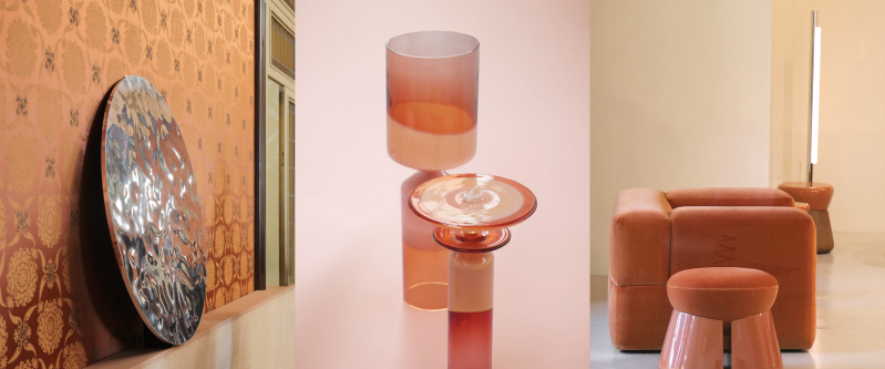 Dolce Frammenti mood images with peach-orange wallpaper, translucent orange glass objects and soft orange furniture, showing warm fruit-inspired colour tones for interiors, home decor and product design.