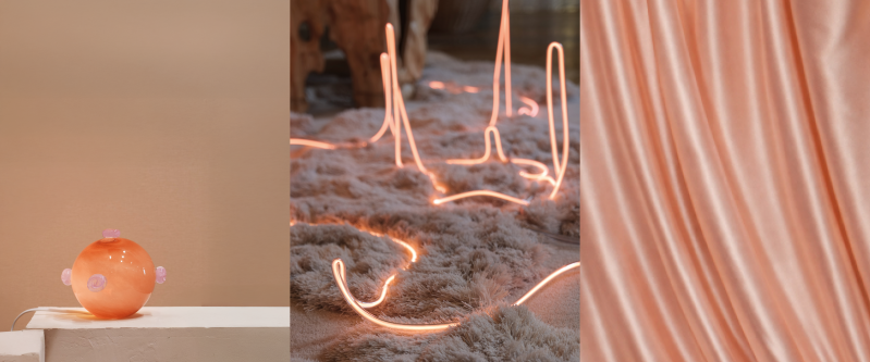 Terra Halo mood images with a translucent orange object, soft glowing light lines and peach-toned flowing textile, showing orange as a luminous aura in interiors, home decor and material inspiration.