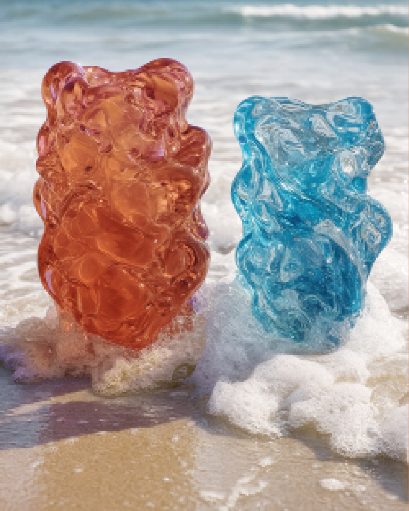 Translucent orange and blue gummy bear objects on a beach with sea foam and sunlight, showing playful colour contrast, glossy material and summer-inspired orange accents.