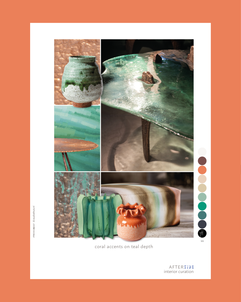 Page from the ATHOME Trend Books Aftertide theme, showing coral orange accents combined with deep teal, glossy surfaces, ceramics, glass and interior colour inspiration.
