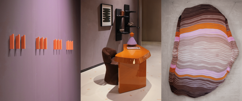 Images from the ATHOME Trend Books Magna Forma theme, showing orange as a bold sculptural accent against lilac, brown and soft neutral tones in interiors, furniture and textile design.