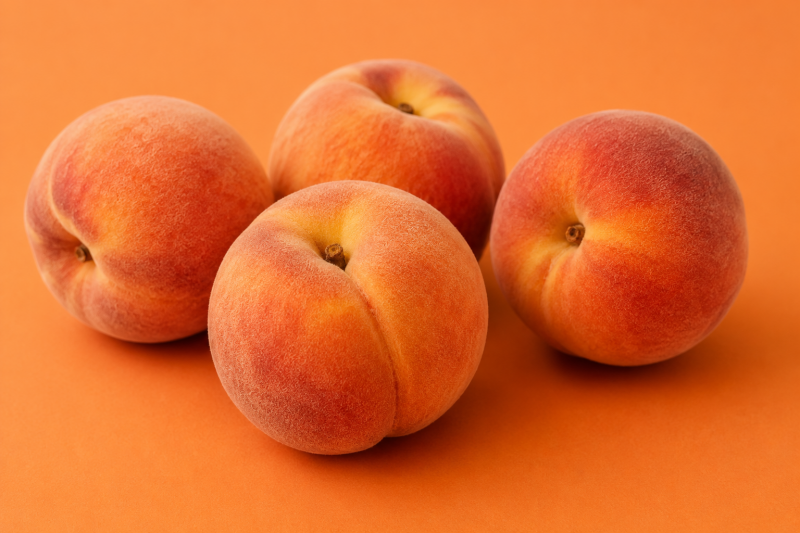 Close-up of ripe peaches on an orange background, showing velvety skin texture, warm orange-red tones and natural fruit colour inspiration for interiors and home decor.