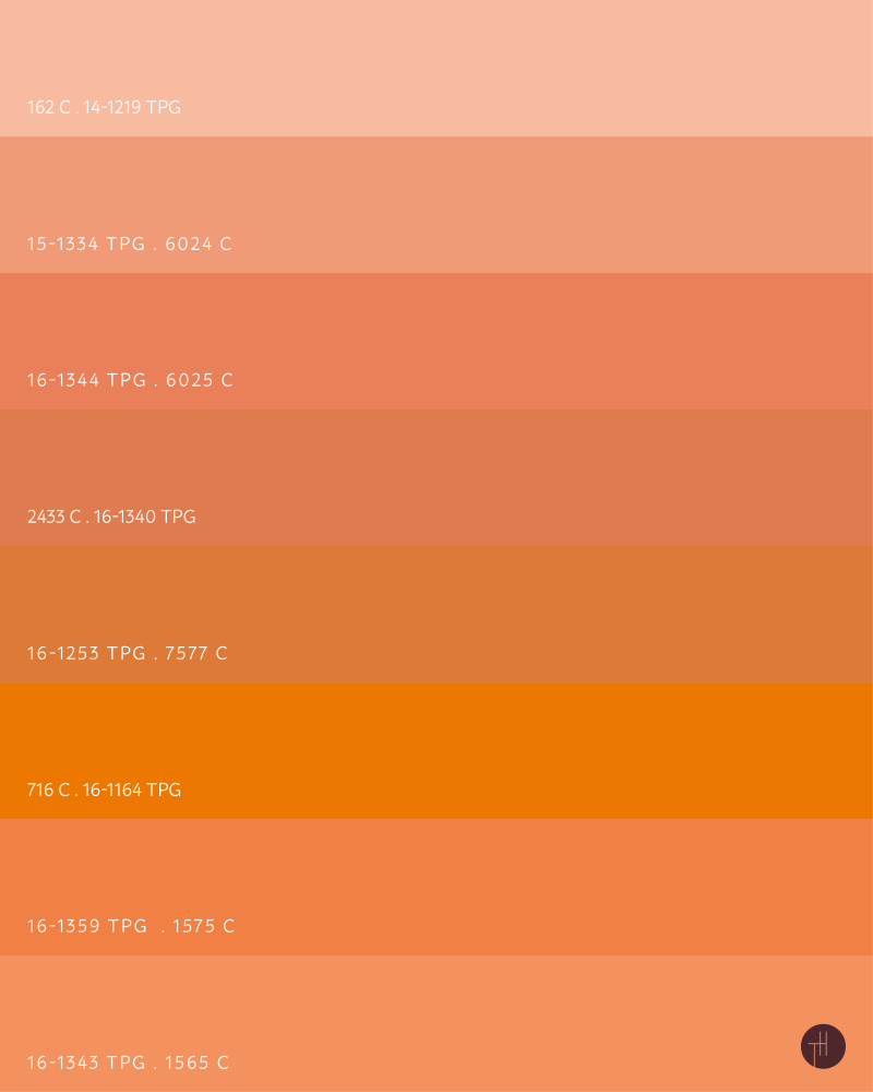 Orange colour palette from ATHOME Trend Books with Pantone TPG and Pantone C references, showing peach, apricot, terracotta, clay orange and warm energetic orange tones for interiors, home decor and product development.