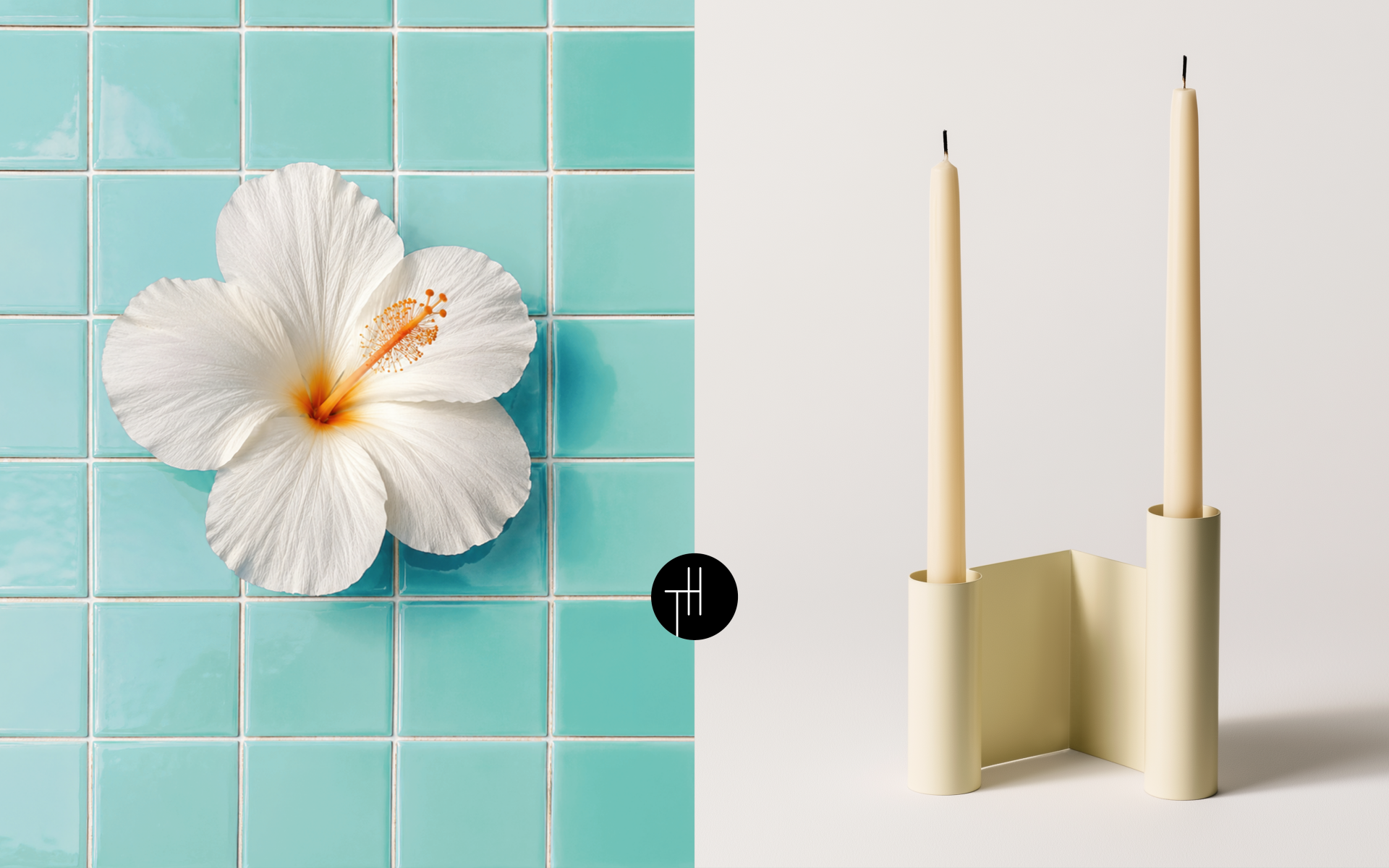 White hibiscus on aqua tiles beside a pale yellow candleholder, illustrating clarity and space in Spring Summer 2028 interior trends.