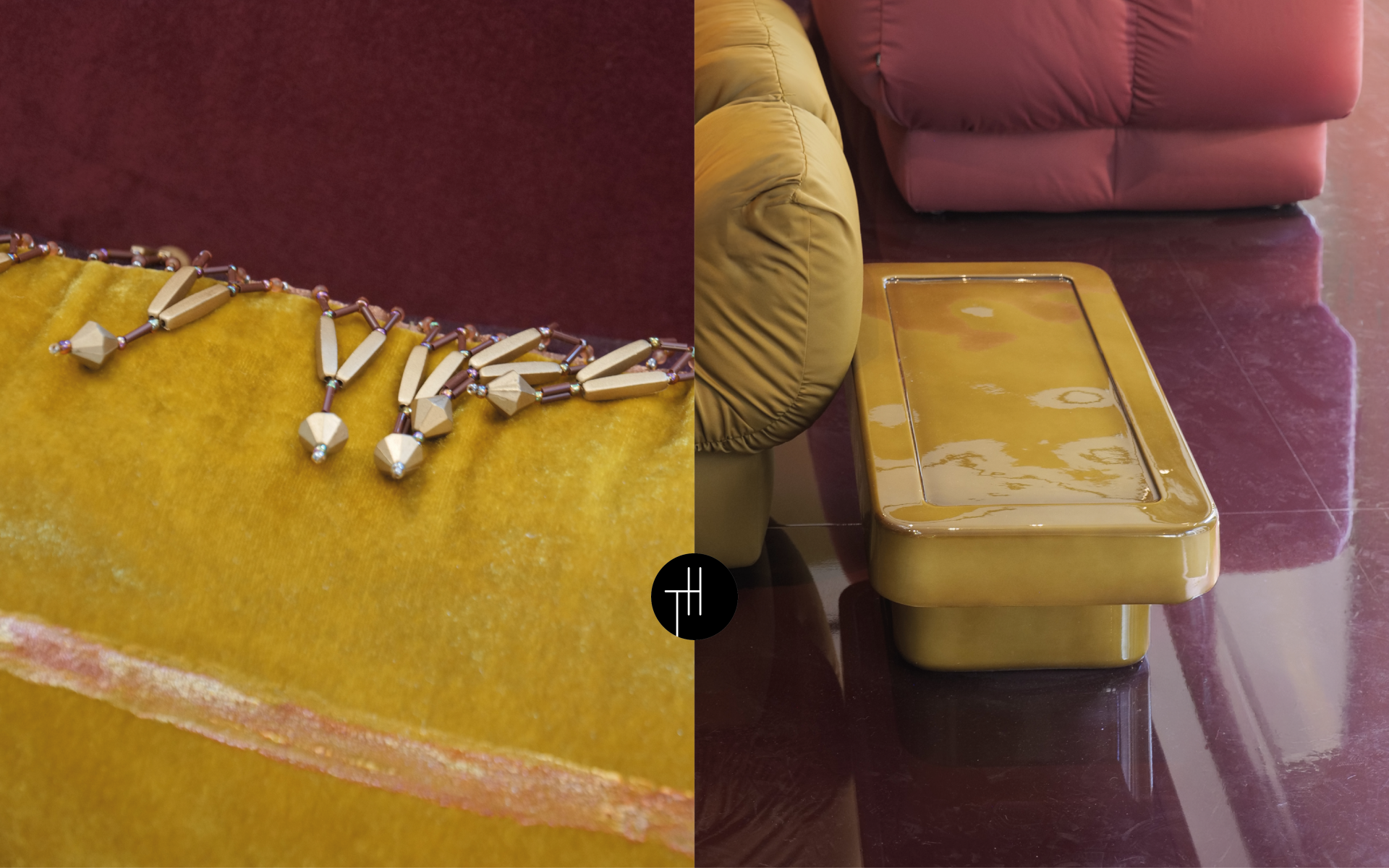 Burgundy and mustard gold textiles beside a glossy table and red seating, exploring colour and finish combinations for 2028 home decor.