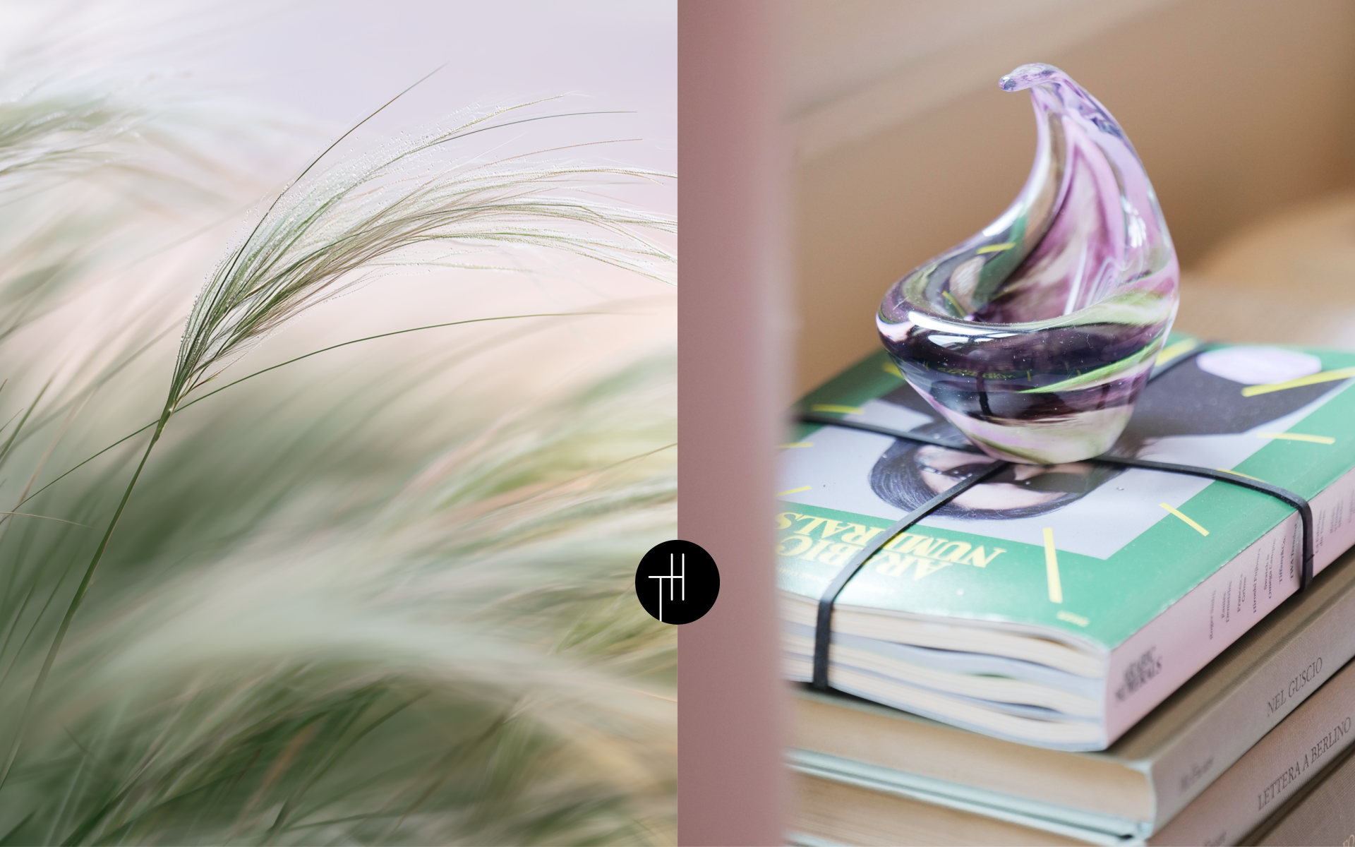 Windblown grasses beside a curved purple and clear glass object, illustrating movement as a Spring Summer 2028 design direction.