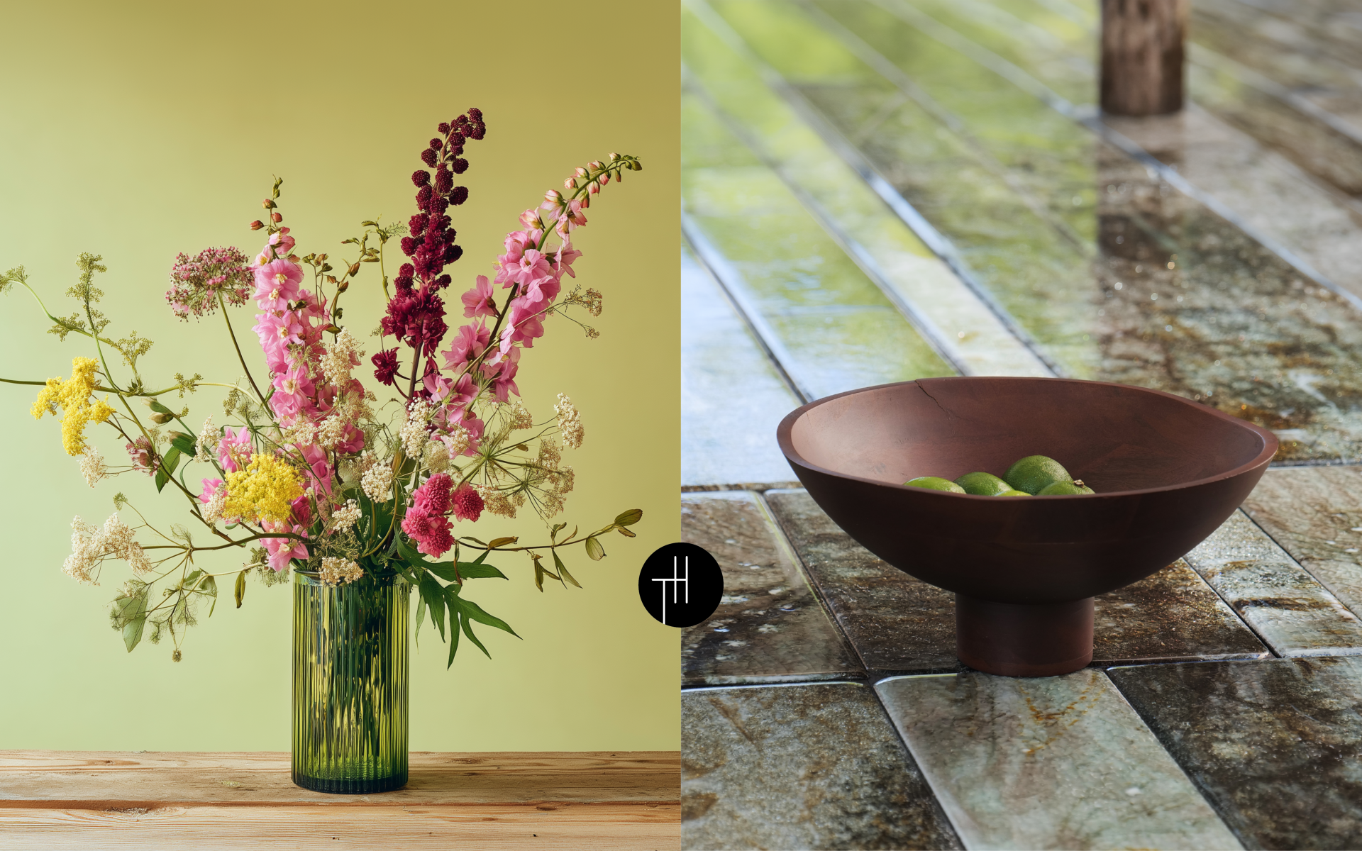 Flowers in a green glass vase beside a pedestal bowl of limes, expressing freshness and hospitality in Spring Summer home decor.