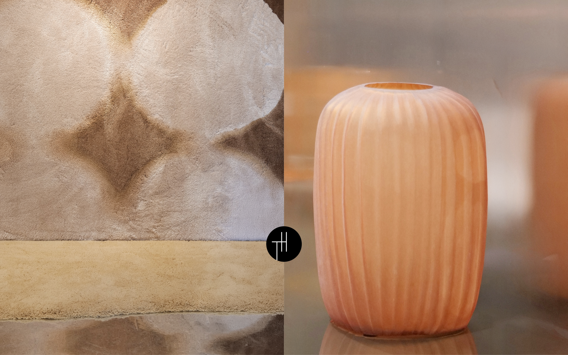 Sculpted cream and beige rug beside a peach glass vase reflected in satin-finished metal, exploring soft textures and finishes for 2028.