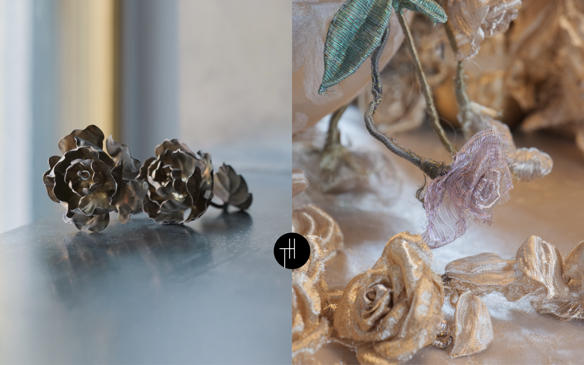 Sculpted metal flowers beside delicate lilac wire petals, exploring botanical forms and material contrasts in Spring Summer 2028 interior trends.