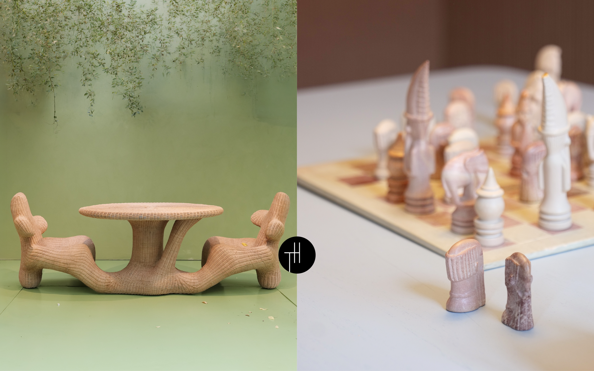 Two woven seats joined around a central table beside a sculptural stone chess set, exploring shared rituals in Spring Summer 2028 interior design.