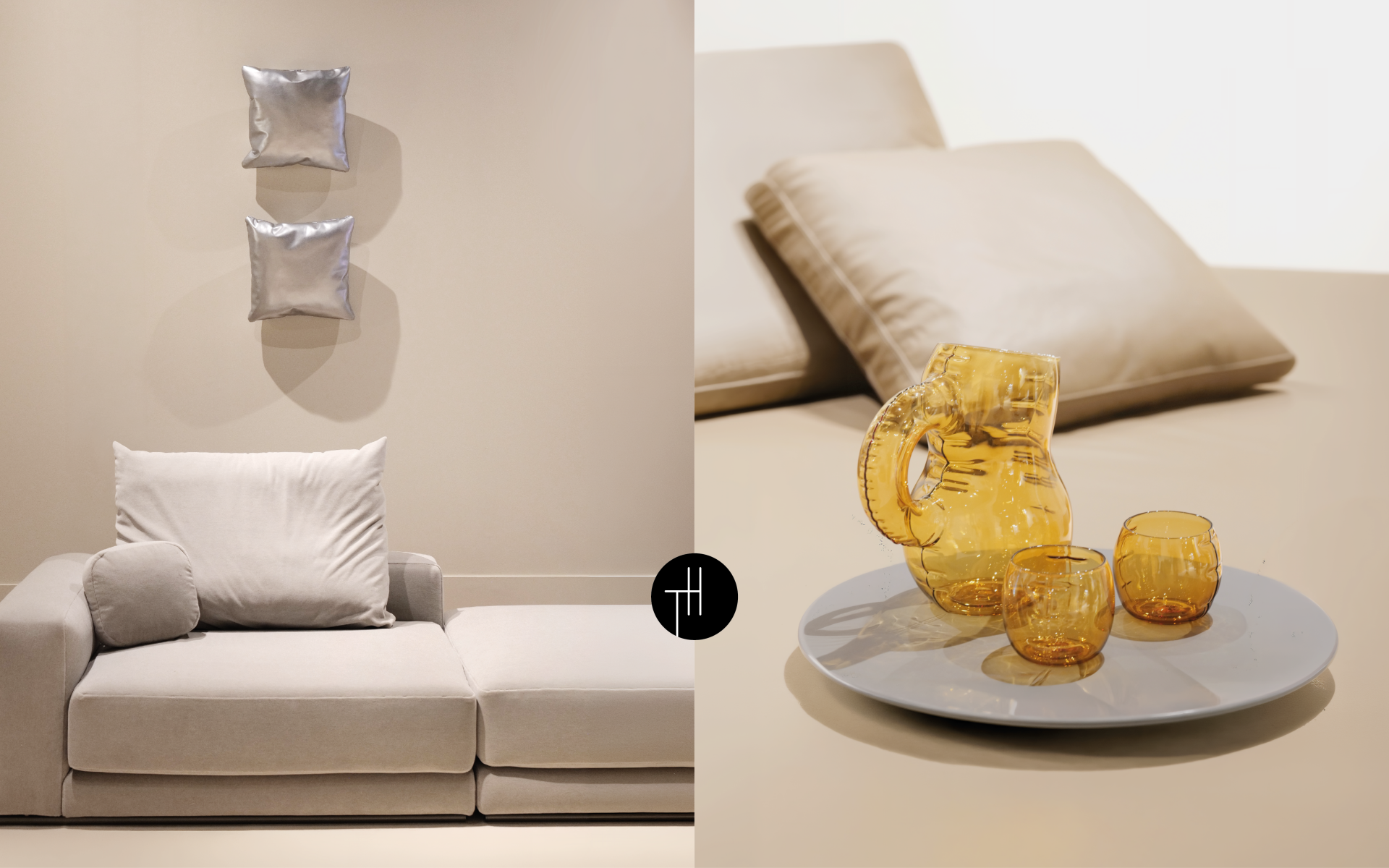 Silver cushion-shaped ceramic wall objects above a cream sofa, beside inflated-looking yellow glassware, illustrating a Spring Summer 2028 design direction.