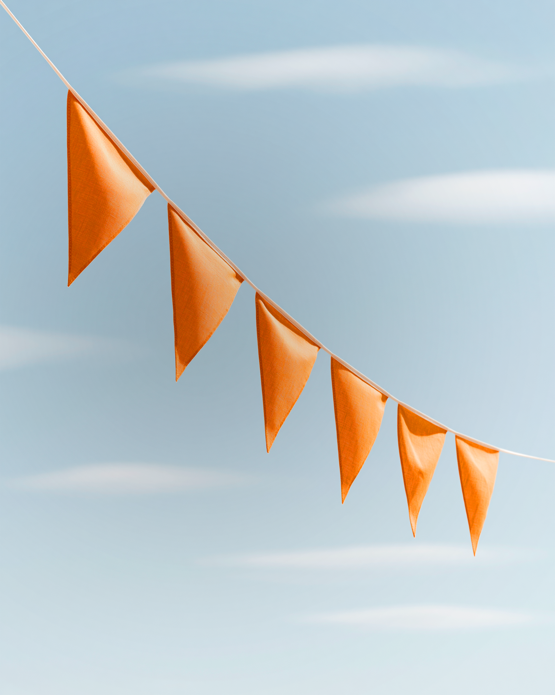 Orange bunting flags against a soft blue sky, illustrating the cultural meaning of orange in the Netherlands and its connection to celebration, recognition and belonging.