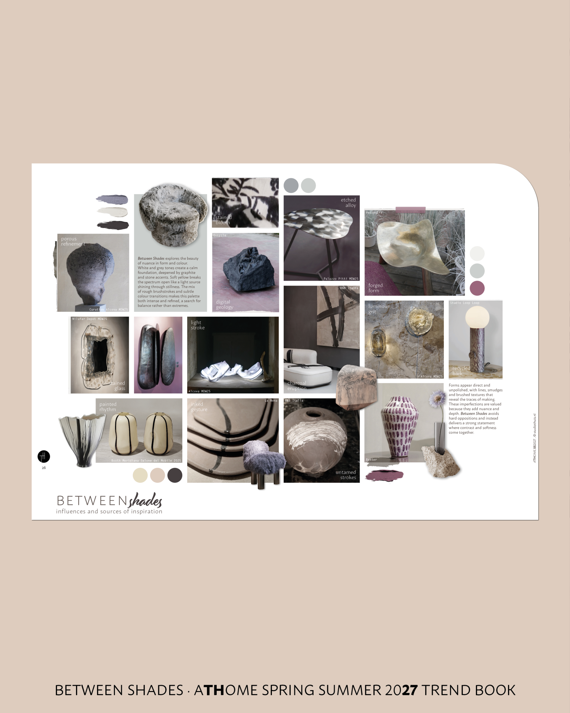 Between Shades trend book collage from ATHOME Spring Summer 2027, exploring black, grey, shadow, light and material nuance.