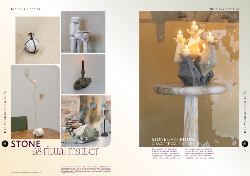Stone As Ritual Matter spread from the THat Milan Design Week 2026 Report, exploring stone as ritual object, boundary and gesture.
