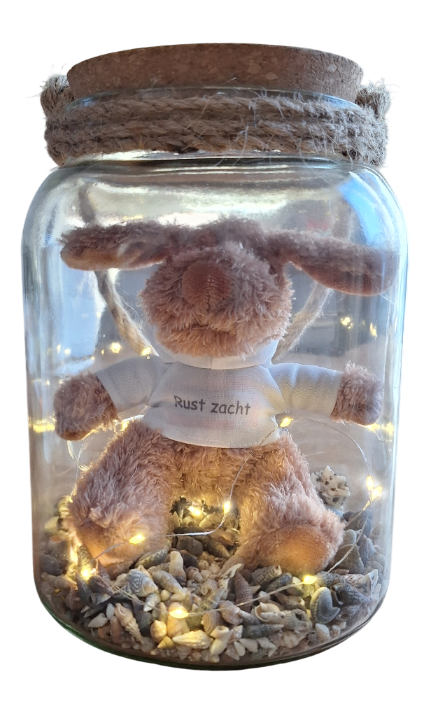 Windlicht voor herdenkingsplek klein: hondje met tekst: "Rust zacht"