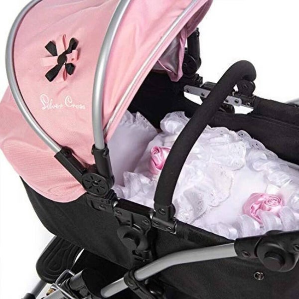 Dolls Pram Bedding Set - White with Pink Rose