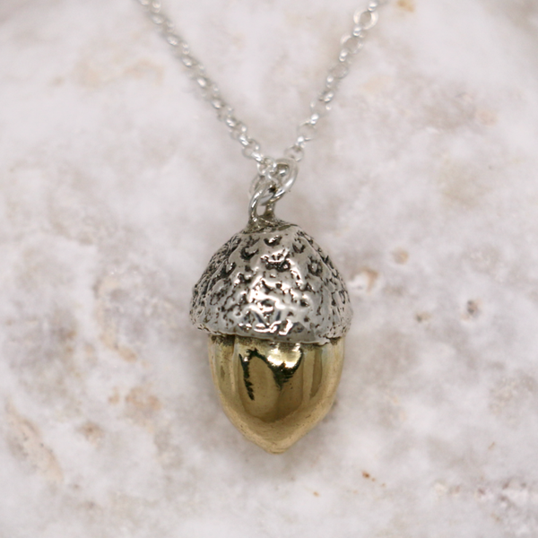 Handmade Sterling Silver Acorn Necklace, Gold Plated Nut, Woodland Jewellery
