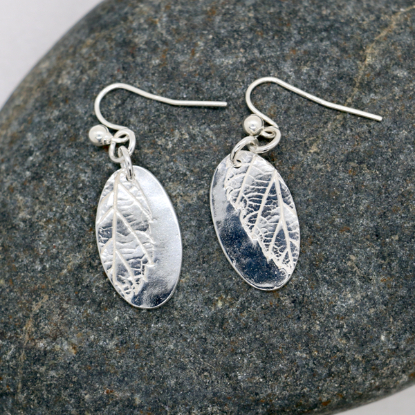 Handmade Fine Silver Oval Leaf Drop Earrings