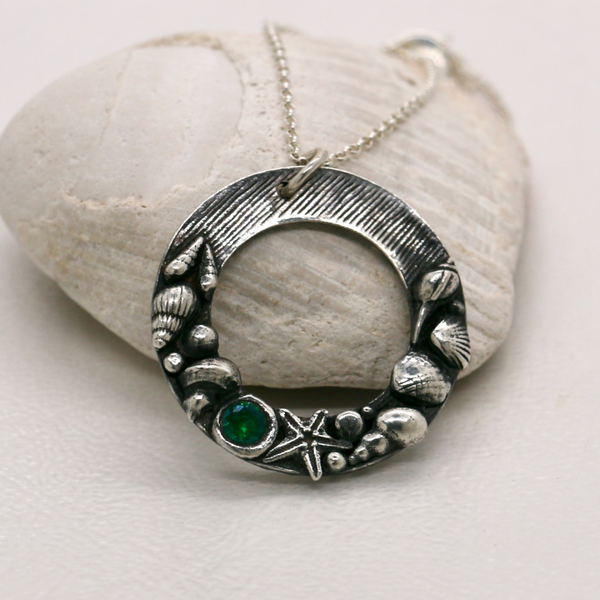 Fine Silver Sea Shell Wreath Necklace with Green CZ