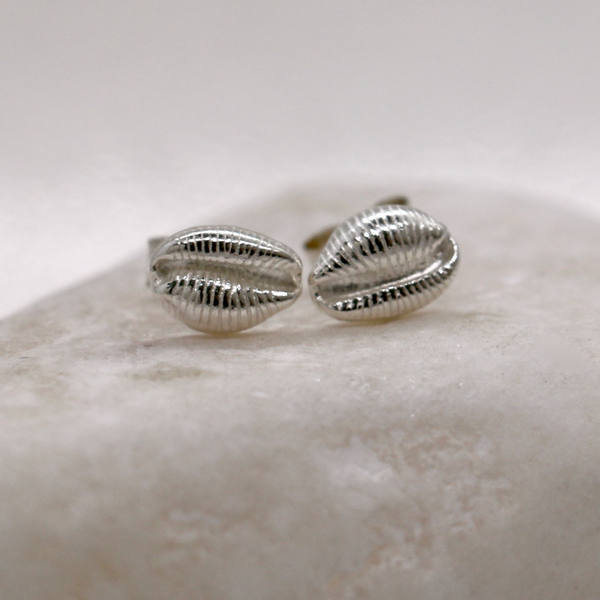 Cowrie shell stud earrings, hand made in fine silver.