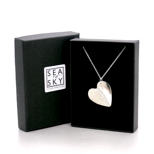 Silver heart necklace with leaf impression, romantic jewellery