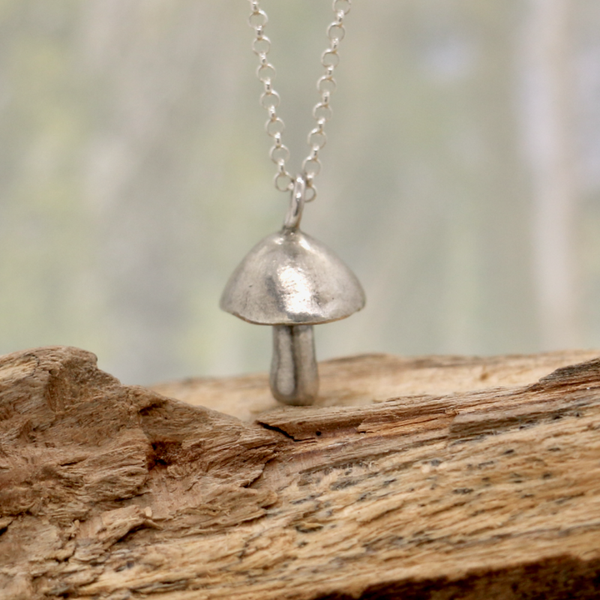 Silver Hand Sculpted Mushroom Necklace, Woodland Botanical Jewellery, Nature Gift