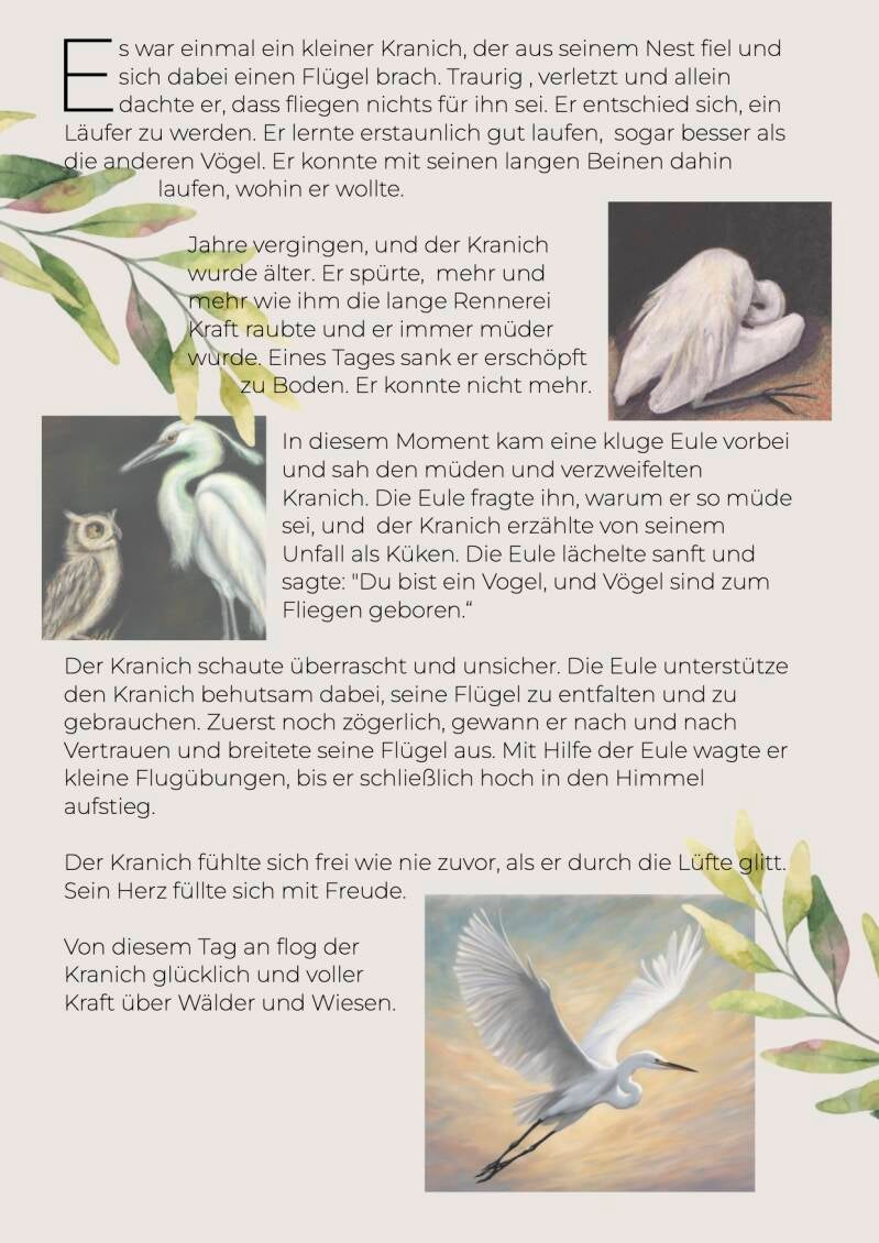 Buchseite eines Märchens von einem Vogel, dem geholfen wurde als er aus dem Nest fiel. 