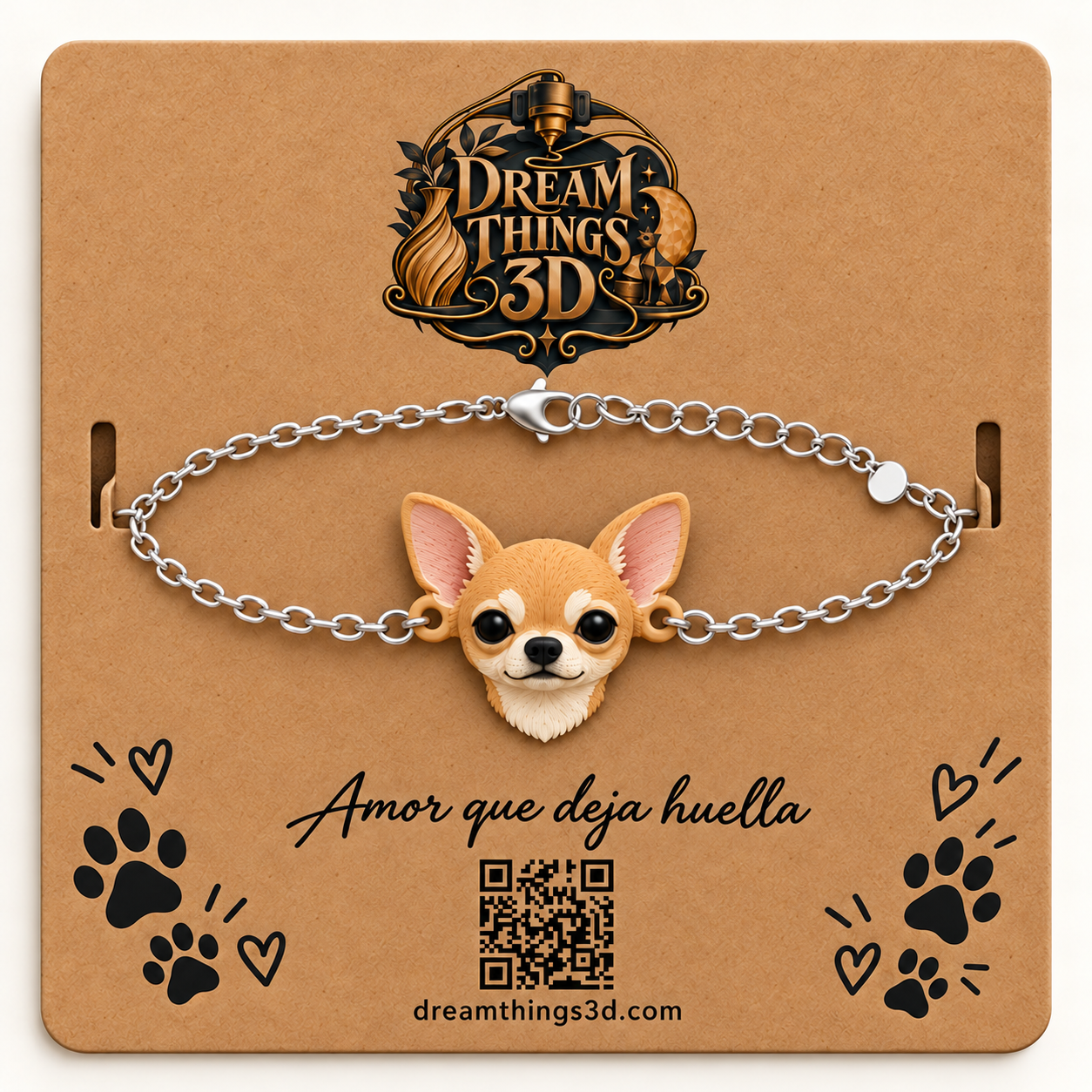Pulsera Chihuahua 3D con cadena