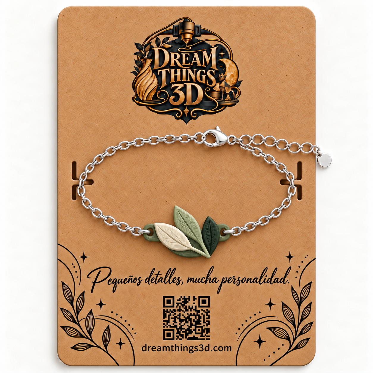 Pulsera Hoja de olivo 3D con cadena
