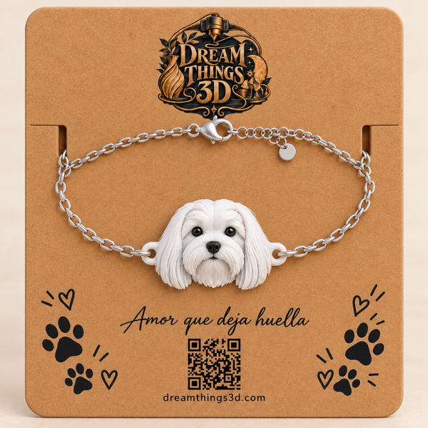 Pulsera Bichón maltés 3D con cadena