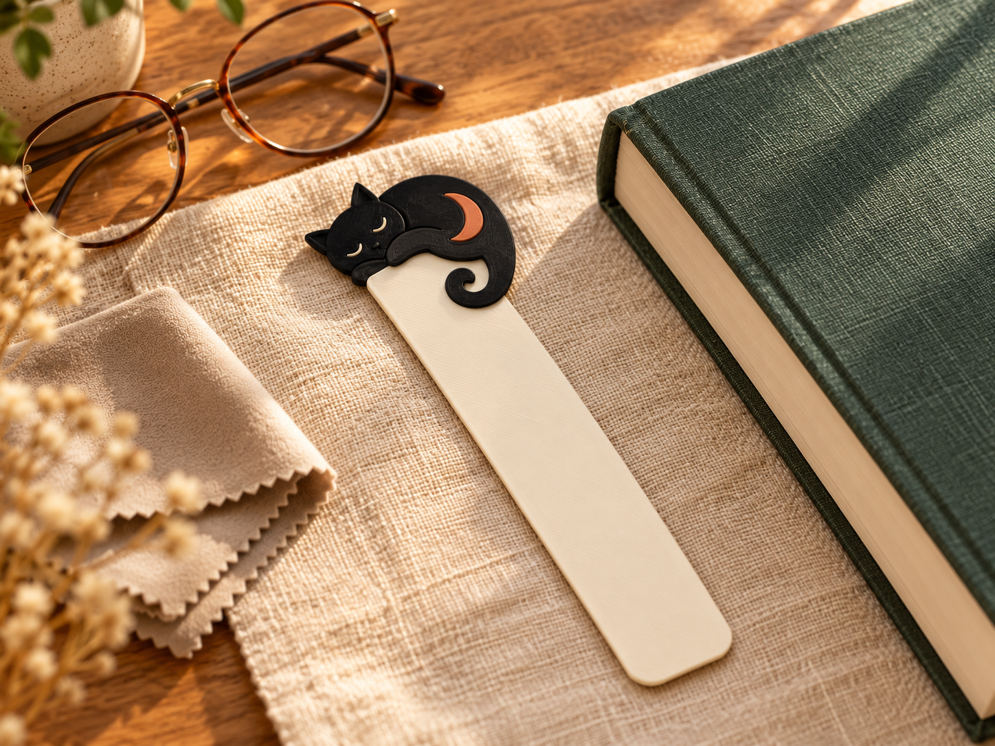 Marcapáginas de gato junto a un libro y un paño suave para su cuidado