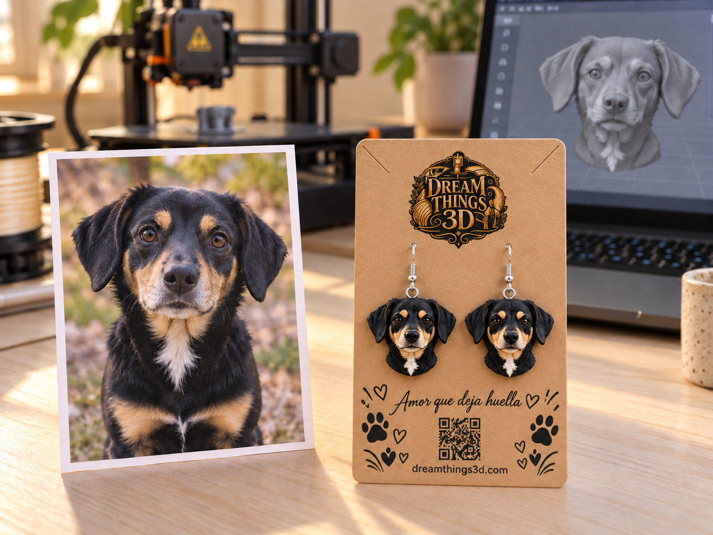 Ejemplo ilustrativo de un perro convertido en pendientes personalizados DreamThings3D