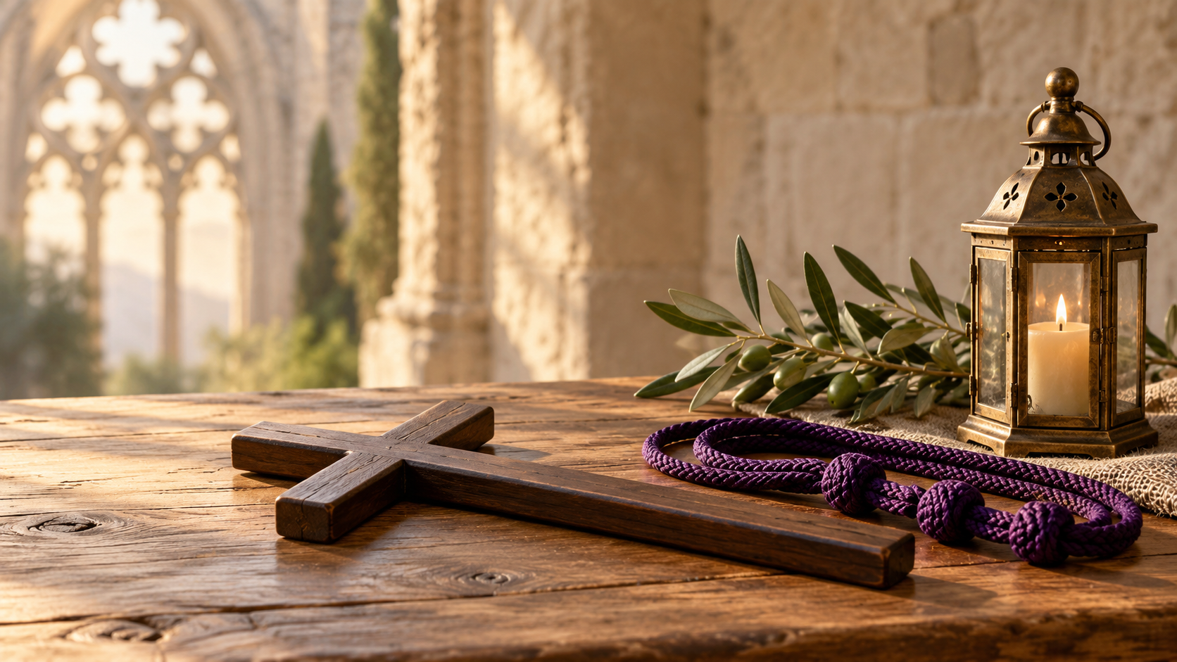 Cruz de madera, cordón morado y farol en una escena de Semana Santa