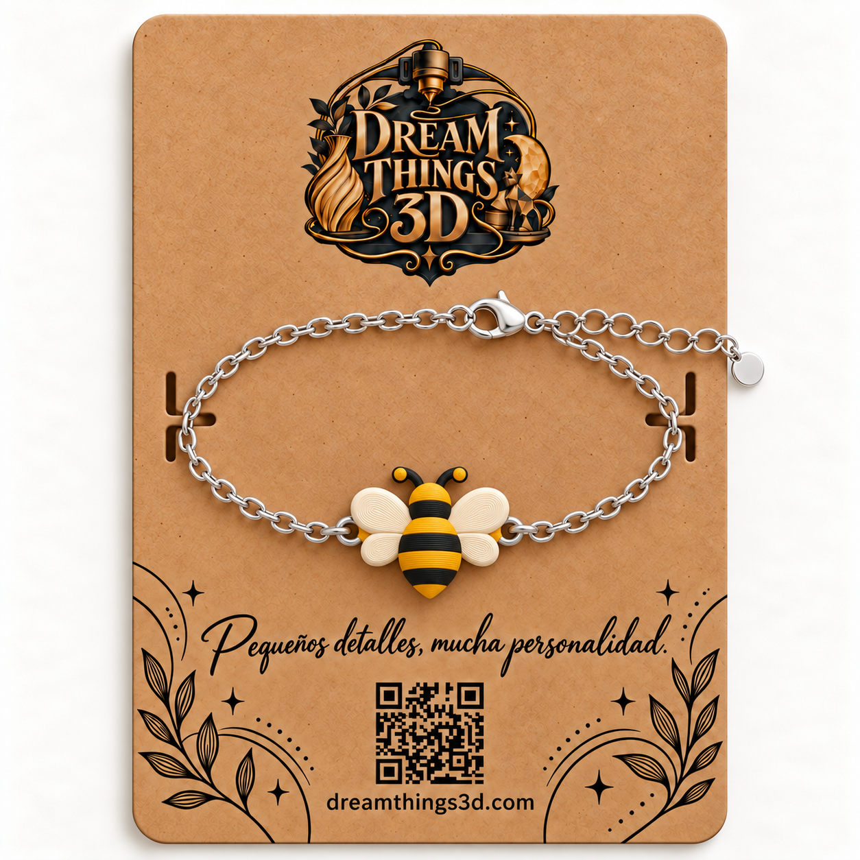 Pulsera Abeja miel 3D con cadena