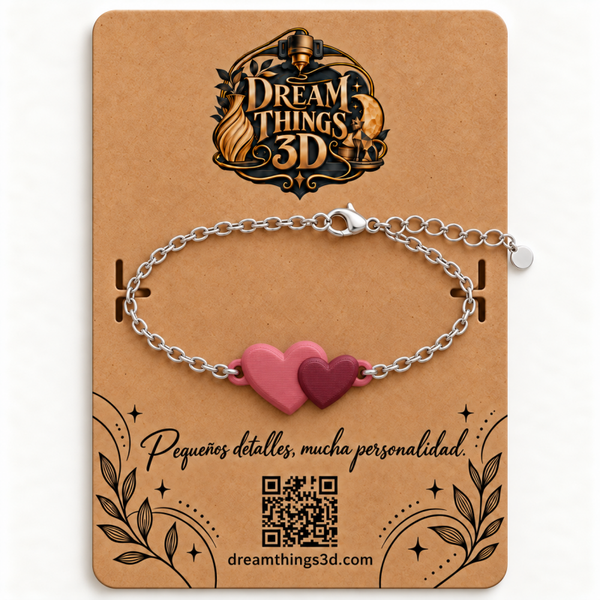 Pulsera Corazón doble 3D con cadena